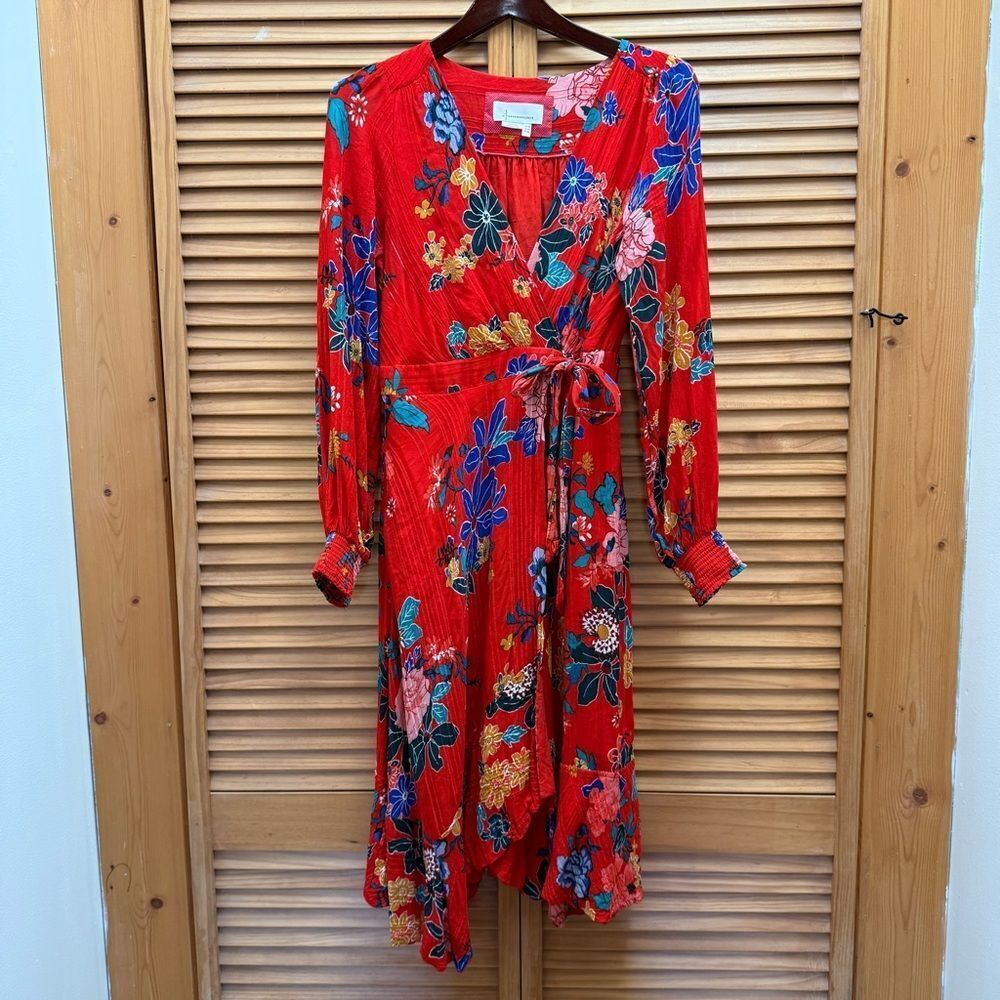 Anthropologie Red Floral Long Sleeve Dress size 10
